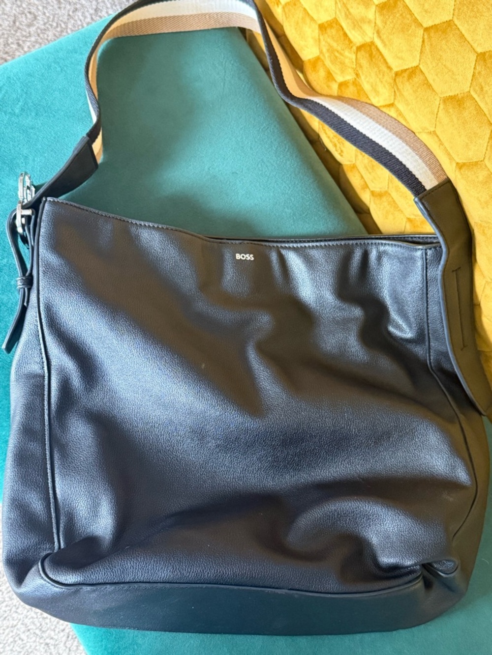 BOSS Black Leather Messenger Bag with Striped Webbing Strap